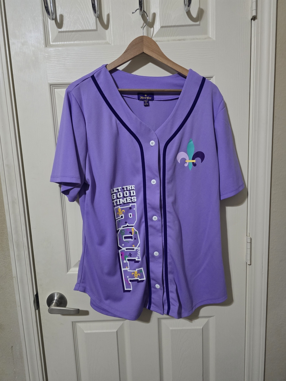 Mardi Gras Let The Good Times Roll Purple Button-Front Top Womans SzXL 16-18